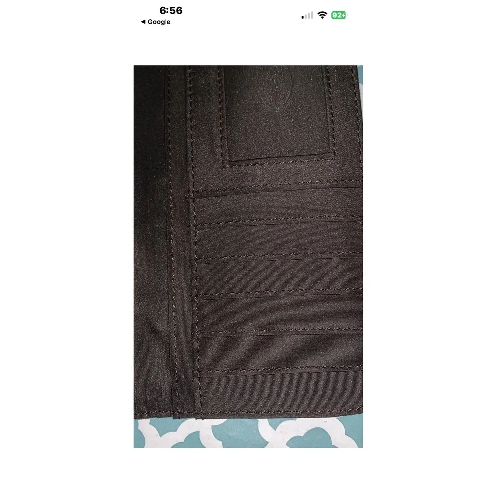 Liz & Co Womens Trifold Wallet Brown Geometric Logo Print Multi Color Buckle‎